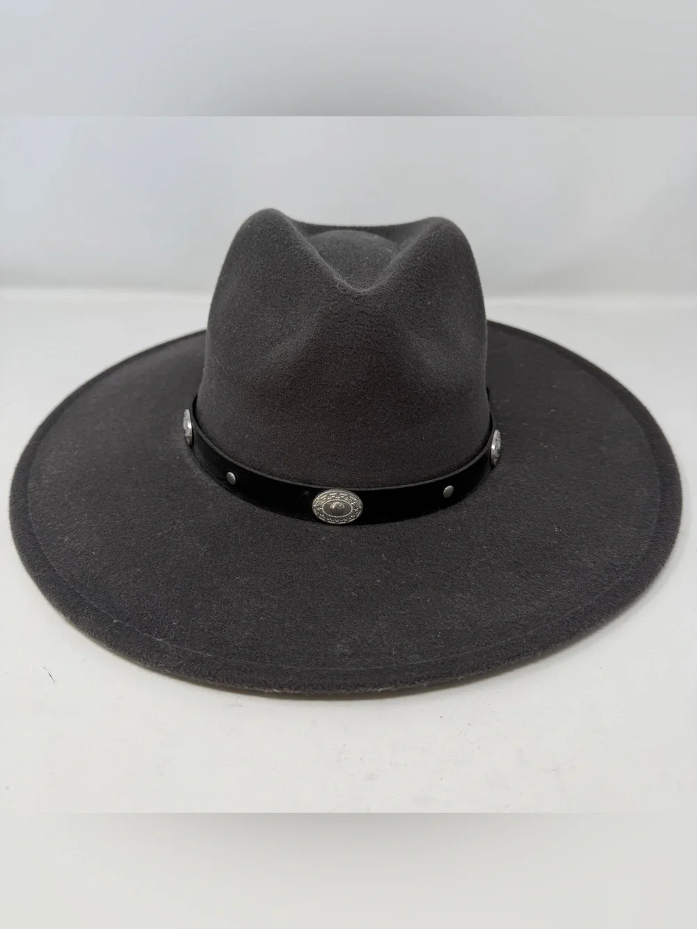 American Eagle Gray Wide Brim Fedora Hat Western Leather Band OS Boho Cowgirl